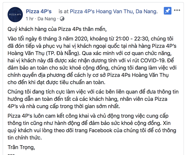 Pizza 4Ps chủ động cách ly cơ sở Hoàng Văn Thụ ở Đà Nẵng vì đã tiếp 2 khách ngoại quốc dương tính - Ảnh 1.