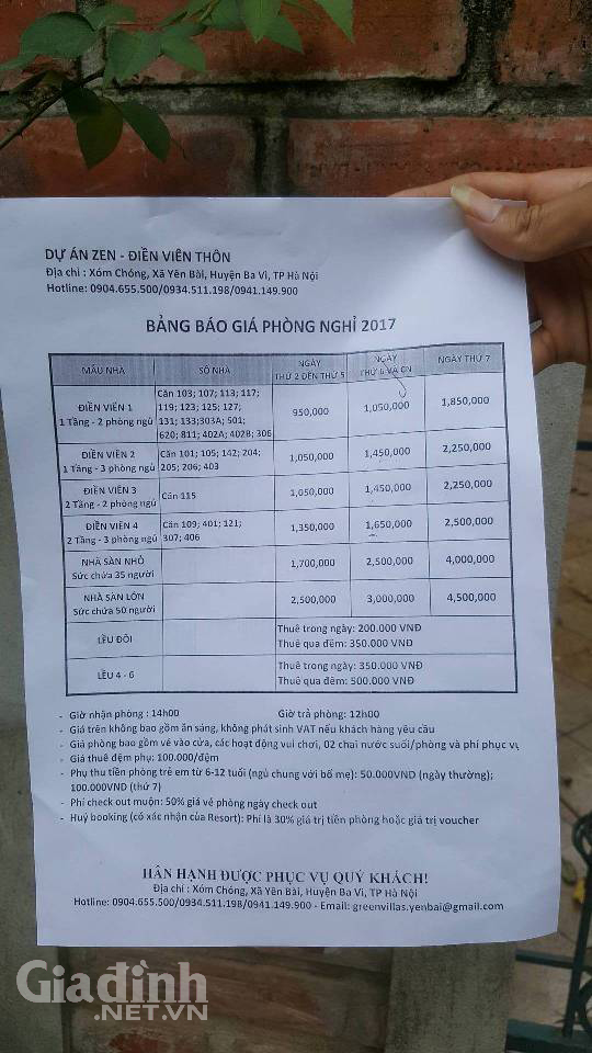 Bảng báo giá phòng từ 950 nghìn đồng đến 4,5 triệu/phòng tại Điền Viên Thôn.