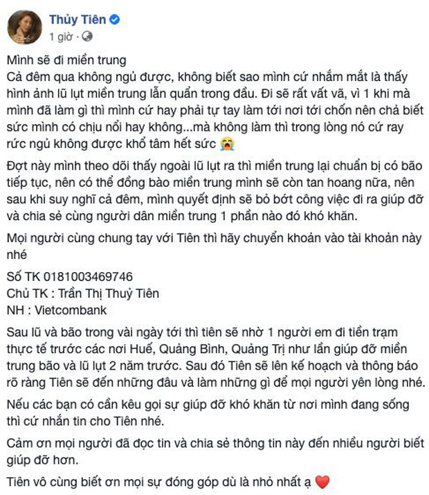 Sau 1 tiếng kêu gọi, ca sĩ Thuỷ Tiên quyên góp được 1 tỷ đồng, trực tiếp đến miền Trung cứu trợ người dân vùng lũ  - Ảnh 1.