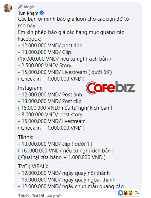  Hot Tiktoker Tun Phạm bất ngờ tiết lộ báo giá quảng cáo: Đăng 1 post Facebook bằng nhiều người làm việc cả tháng  - Ảnh 1.