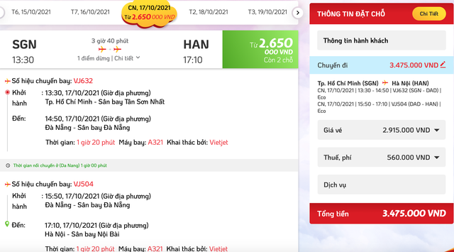 Chuyến bay TP HCM - Hà Nội hết vé đến 19/10, giá vé lên đến 7,6 triệu đồng - Ảnh 2.