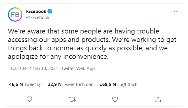 Chuyện không ai ngờ: Facebook phải đăng bài xin lỗi về sự cố sập trên Twitter, bị đối thủ chế nhạo, dìm hàng không thương tiếc - Ảnh 1.