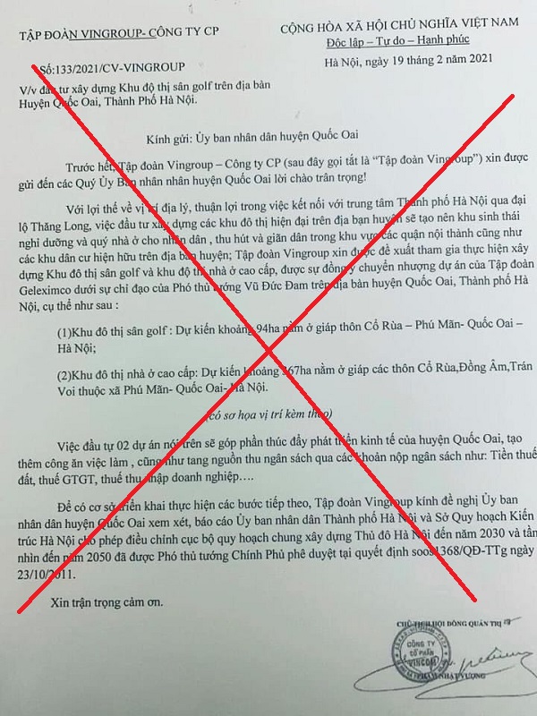 Rầm rộ thông tin giả về việc Vingroup đầu tư 2 dự án lớn tại Quốc Oai, Hà Nội - Ảnh 1.
