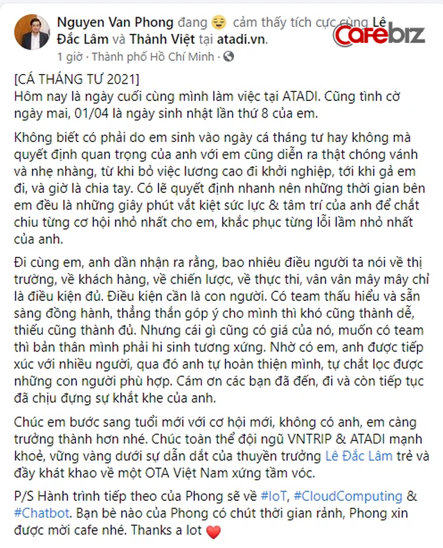  Founder Nguyễn Văn Phong ra đi sau hơn 2 năm bán Atadi cho VnTrip: ‘Thời gian bên em đều là những giây phút vắt kiệt sức lực và tâm trí của anh để chắt chiu từng cơ hội nhỏ nhất’  - Ảnh 1.