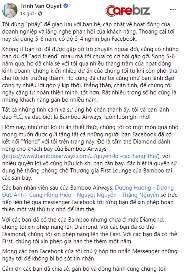 Chơi lớn như Chủ tịch FLC Trịnh Văn Quyết: Tặng thẻ kim cương Bamboo Airways cho 4.000 bạn bè trên Facebook, nếu đã có thẻ Kim Cương “auto” lên hạng Nhất - Ảnh 1.
