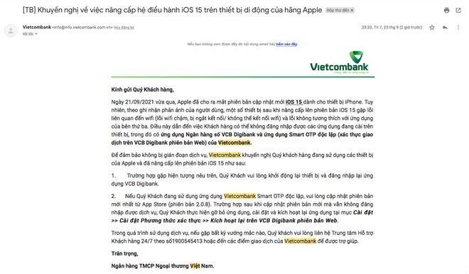  Nhiều người dùng iPhone gặp lỗi đăng nhập app Vietcombank, ngân hàng bất ngờ gửi email khuyến nghị về việc nâng cấp lên iOS 15  - Ảnh 3.