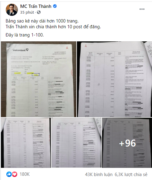 MC Trấn Thành công bố 100 trang sao kê đầu tiên trên trang cá nhân, hứa sẽ up đủ 1.000 trang để minh bạch số tiền từ thiện: Dân tình ùn ùn vào comment - Ảnh 1.