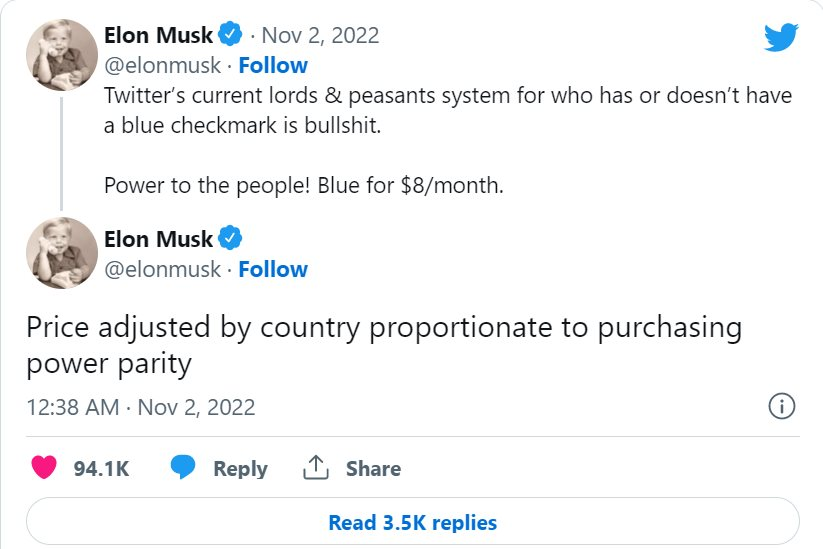 Ông hoàng chơi sốc Elon Musk: chốt thu phí tài khoản tick xanh Twitter 8 USD/tháng - Ảnh 1. Ông hoàng chơi sốc Elon Musk: chốt thu phí tài khoản tick xanh Twitter 8 USD/tháng - Ảnh 1.