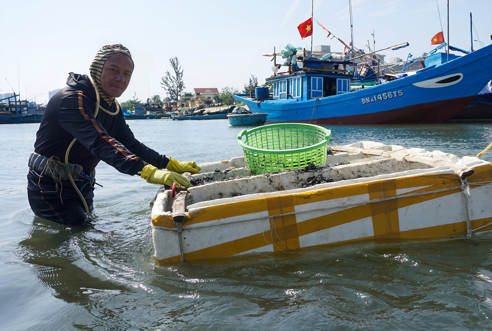  Ảnh: Những ngư dân cột hơn 10kg chì vào người, lặn xuống đáy sông Hàn mưu sinh ngày giá rét - Ảnh 3.