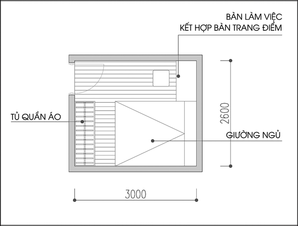 Bố trí nội thất phòng ngủ có diện tích 7,8m² cho vợ chồng trẻ - Ảnh 1.