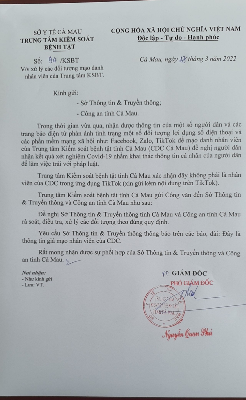  Đề nghị xử lý các đối tượng mạo danh nhân viên CDC Cà Mau - Ảnh 1.