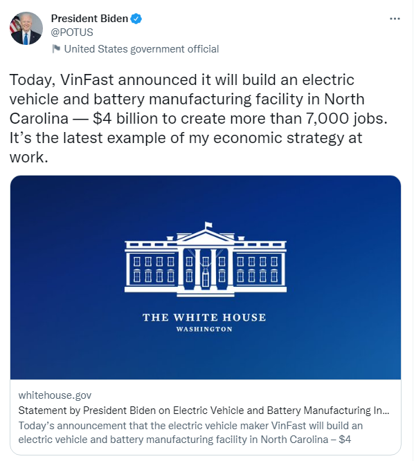 Điểm lạ khi Tổng thống Biden nói về dự án nhà máy 4 tỷ USD của VinFast tại Mỹ trên Facebook, Twitter, nhưng chưa từng nhắc đến Tesla - Ảnh 1.