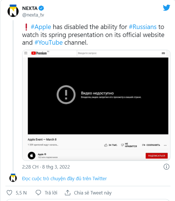 Không chỉ ngừng bán sản phẩm, Apple còn chặn luôn người dùng tại Nga xem sự kiện ra mắt sản phẩm mới - Ảnh 1.