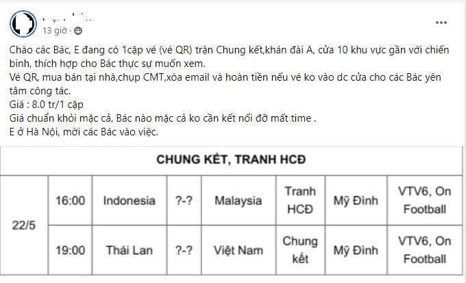 Giá vé trận chung kết U23 Việt Nam - Thái Lan sôi sục, người bán đòi 18 triệu đồng/cặp - Ảnh 3.