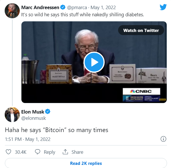 Elon Musk chưa từng ngán cà khịa một ai: tỷ phú Warren Buffet trở thành đối tượng tiếp theo vì miệng chê Bitcoin nhưng lại liên tục nói về đồng tiền số này - Ảnh 1.