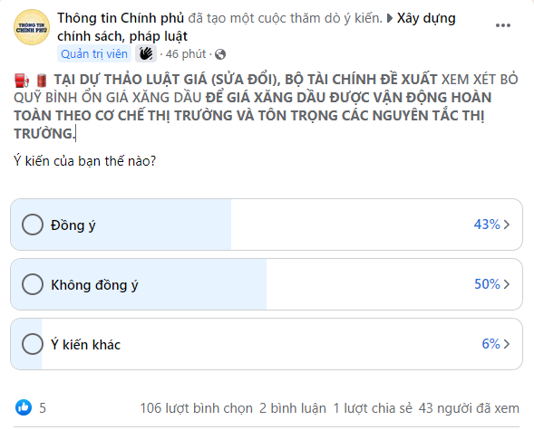 [Tin vui] Đã có diễn đàn Xây dựng chính sách, pháp luật của Chính phủ trên Facebook, cuộc thăm dò đầu tiên là xem xét bỏ Quỹ bình ổn giá xăng dầu - Ảnh 1.