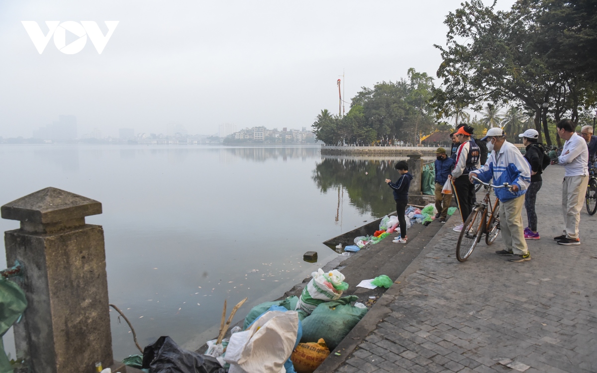 Cá chép tiễn ông Công ông Táo chết hàng loạt, sư thầy đi dọn rác ven hồ - Ảnh 5.