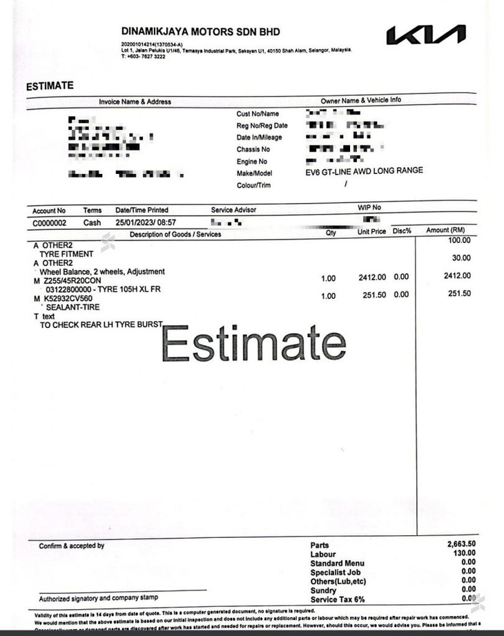 Chỉ thay một lốp, chủ xe điện Kia EV6 mất gần 15,5 triệu đồng - Ảnh 2. Chỉ thay một lốp, chủ xe điện Kia EV6 mất gần 15,5 triệu đồng - Ảnh 2.
