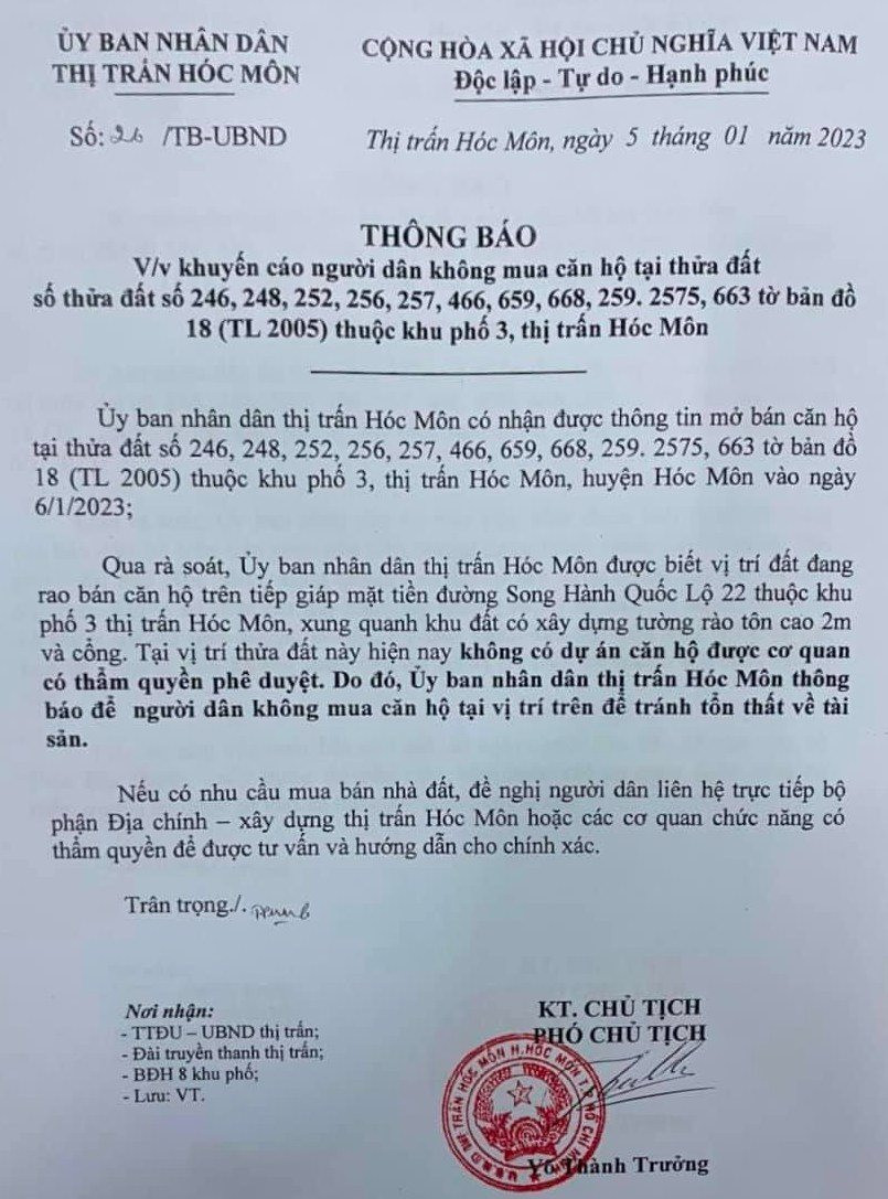 Hy hữu: Hóc Môn khuyến cáo người dân không mua căn hộ do vấn đề pháp lý - Ảnh 2.