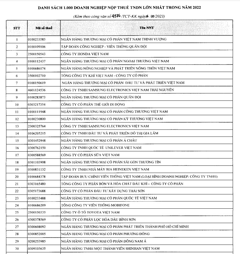 Lộ diện 1.000 doanh nghiệp nộp thuế lớn nhất năm 2022: Một ngân hàng tăng 7 bậc vươn lên dẫn đầu, có tới 331 gương mặt mới - Ảnh 1.