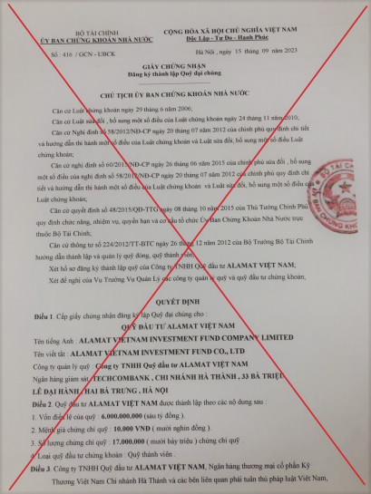 Ủy ban Chứng khoán Nhà nước: Giấy chứng nhận đăng ký lập Quỹ Đầu tư Alamat Việt Nam là giả mạo, sẽ gửi cơ quan Công an xử lý - Ảnh 1.