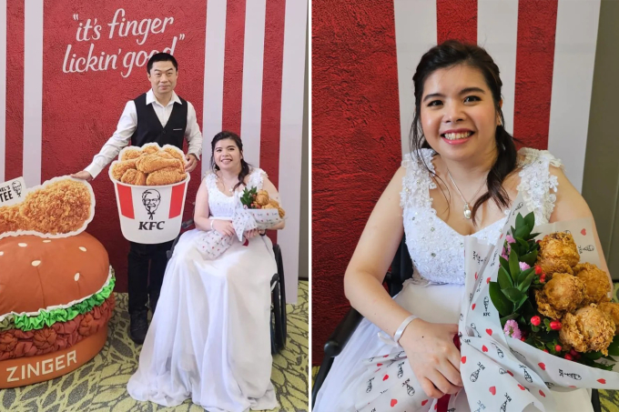 Làm đám cưới ngập gà KFC, cô dâu chú rể khiến dân mạng cười bò: Đến bó hoa cũng độc nhất! - Ảnh 2.