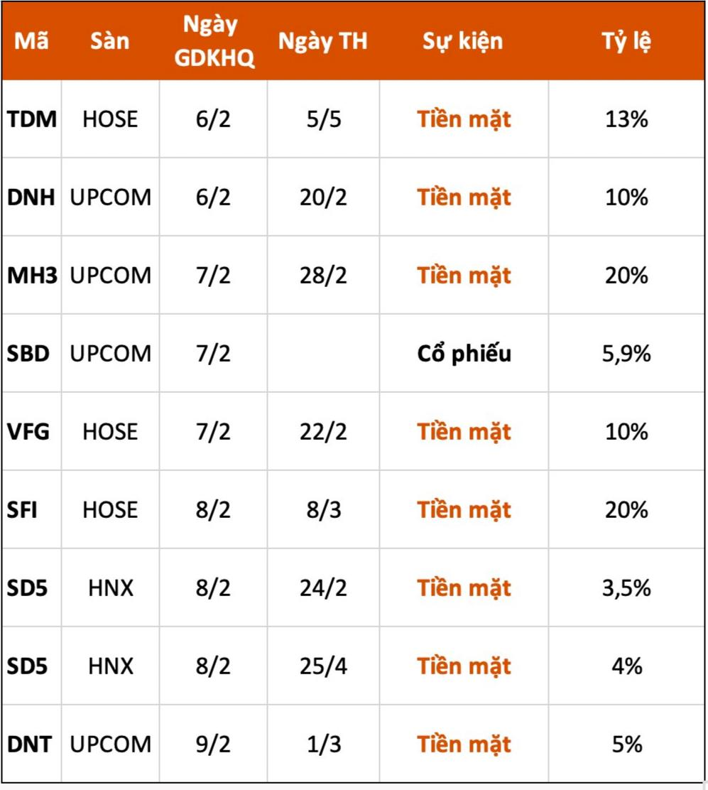 Lịch chốt quyền cổ tức tuần 6/2 - 10/2 - Ảnh 1. Lịch chốt quyền cổ tức tuần 6/2 - 10/2 - Ảnh 1.