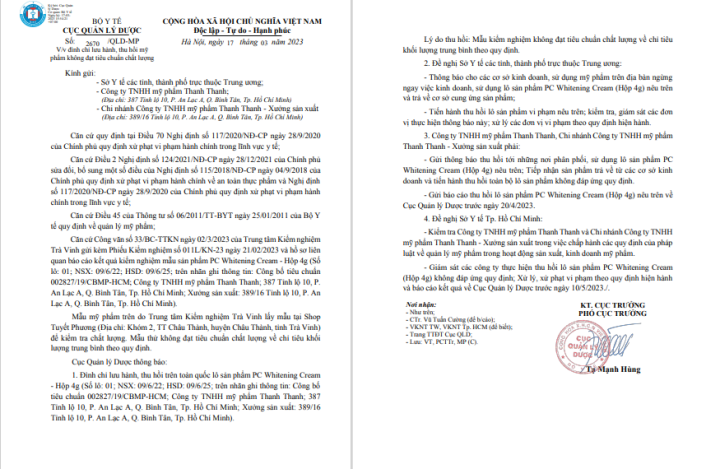 Không đạt tiêu chuẩn chất lượng, sản phẩm PC Whitening Cream bị tuýt còi - Ảnh 1.