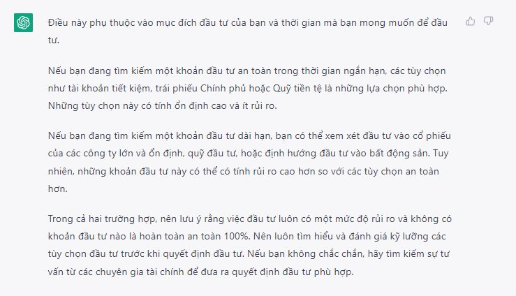 ChatGPT trả lời gì khi được hỏi đầu tư vào đâu thì có tính ổn định cao, ít rủi ro - Ảnh 1.