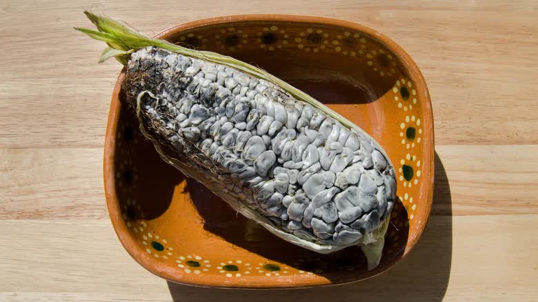 Huitlacoche corn in brown patterned bowl
