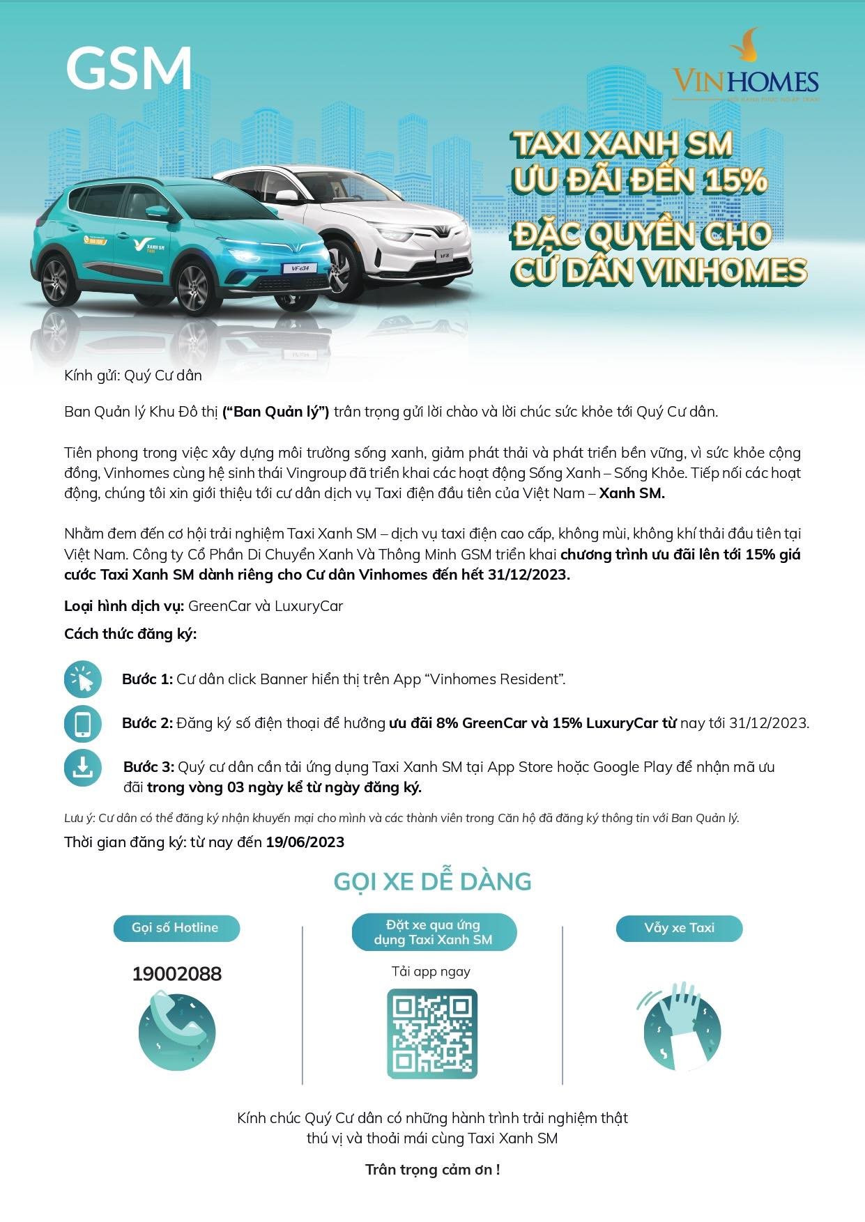 Taxi điện GSM mạnh tay ưu đãi 15% giá cước, đặc quyền chỉ dành riêng cho cư dân tại Vinhomes - Ảnh 1.