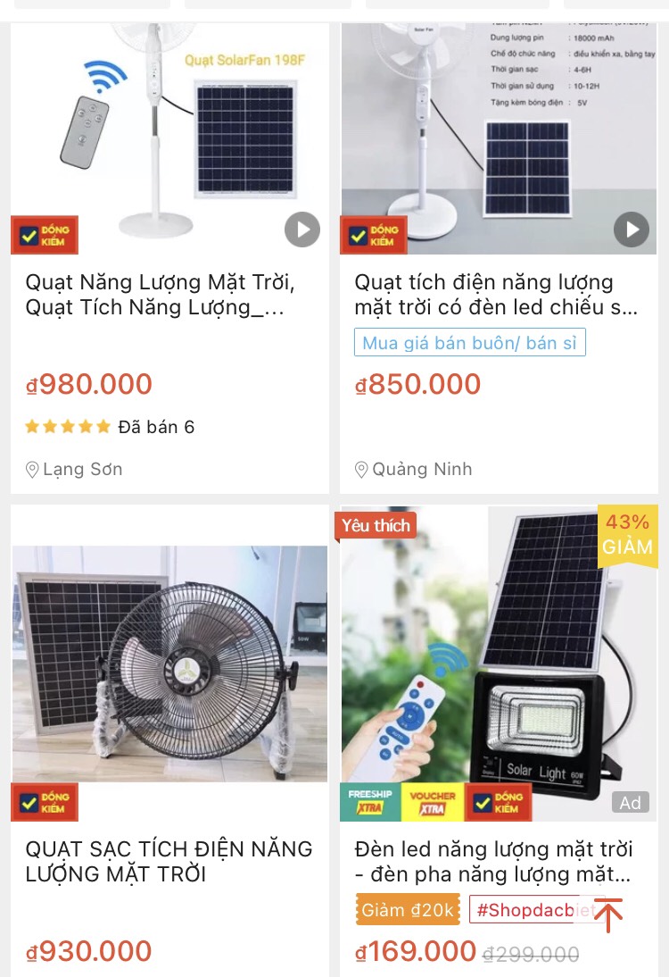 Mặt hàng quạt sạc, quạt năng lượng mặt trời bán trên các trang thương mại điện tử