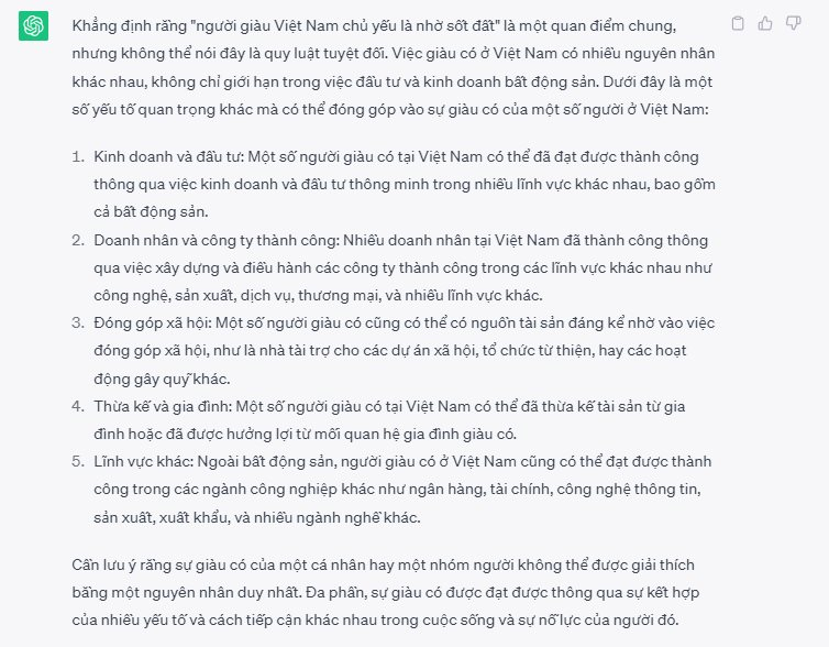 Câu hỏi muôn thuở: “Người giàu ở Việt Nam chủ yếu là nhờ sốt đất?” Chatbot AI Việt Nam và ChatGPT nói gì? - Ảnh 1.