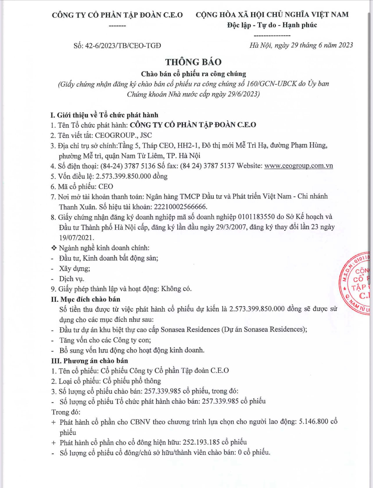 CEO Group chào bán gần 260 triệu cổ phiếu, tăng vốn điều lệ đầu tư Dự án Sonasea Residences Phú Quốc - Ảnh 1.