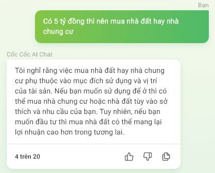 Cùng hỏi có 5 tỷ đồng thì nên mua nhà đất hay nhà chung cư, ChatGPT và chatbot AI của Việt Nam trả lời khác nhau ra sao? - Ảnh 1.