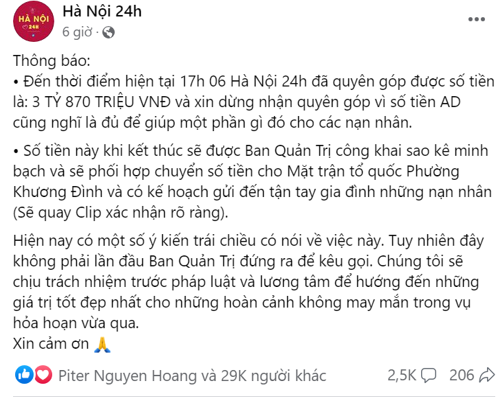 Đại diện fanpage Hà Nội 24h nói về số tiền quyên góp 4 tỷ đồng cho nạn nhân vụ cháy, giải thích vì sao dùng địa chỉ “ảo” - Ảnh 3.