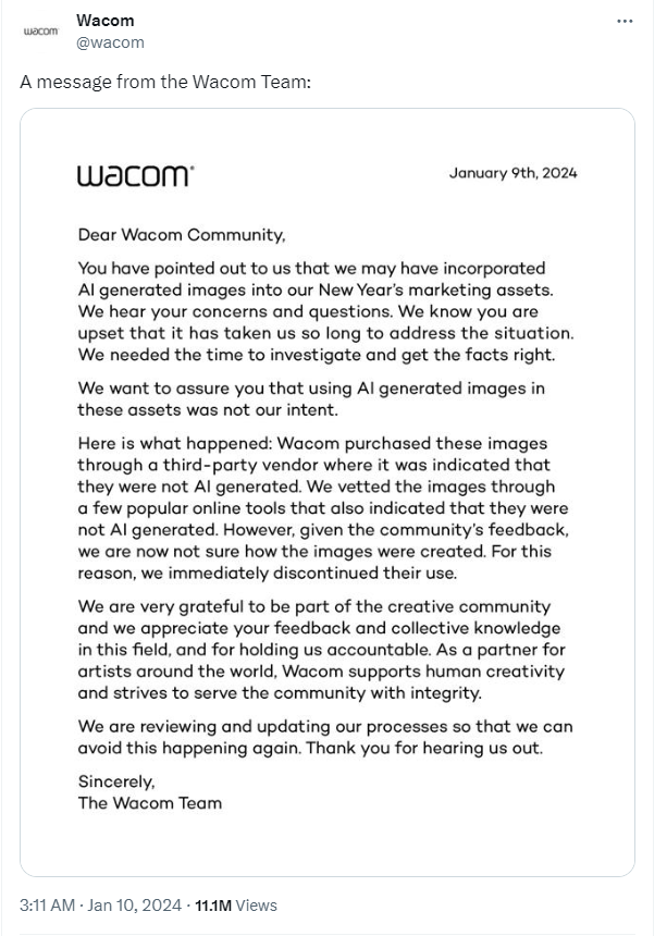 &quot;Thản nhiên&quot; như Wacom: Khách mua hàng chính đang lo bị AI cướp việc, vẫn dùng AI để làm ảnh quảng cáo và viết thư xin lỗi - Ảnh 2.