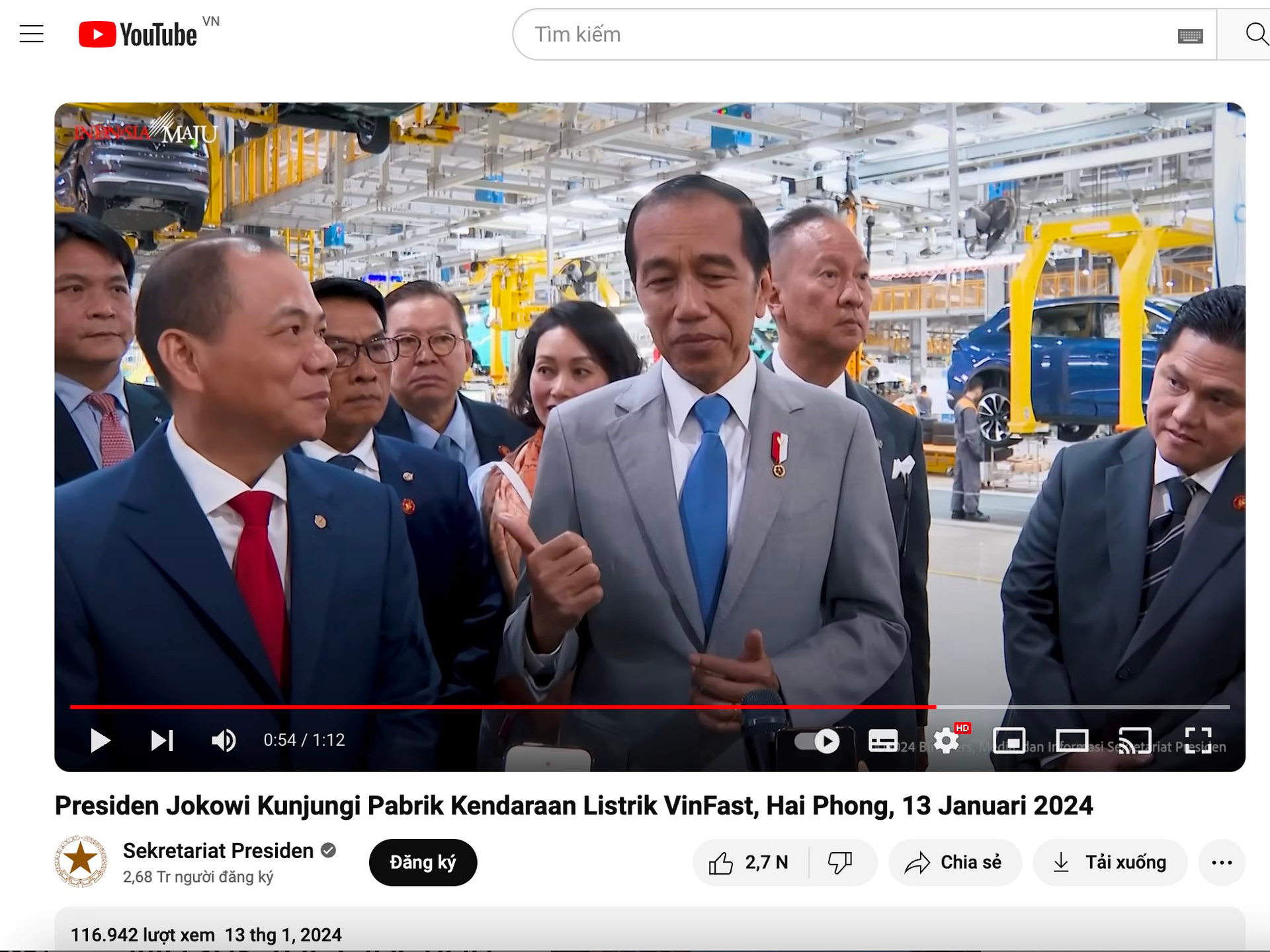 Kênh YouTube của Tổng thống Indonesia đăng video thăm nhà máy VinFast cùng ông Phạm Nhật Vượng: Công bố “đặc quyền” dành cho hãng xe Việt - Ảnh 1.