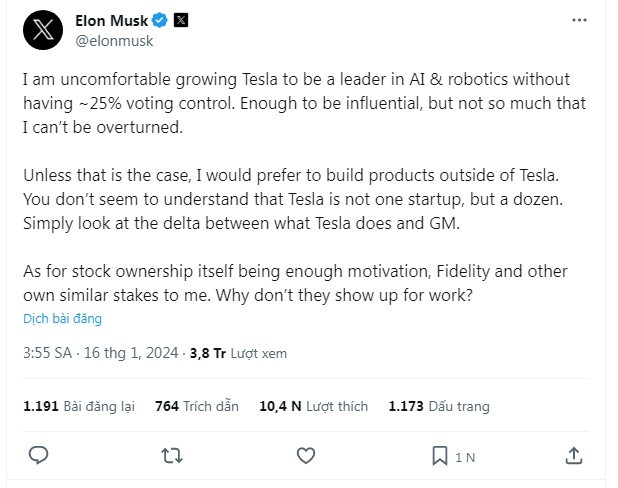 Nóng: Elon Musk ‘ăn vạ’ cổ đông Tesla, doạ làm xe điện ở công ty khác vì lý do 'trên trời', hình tượng sụp đổ chưa từng có - Ảnh 2.