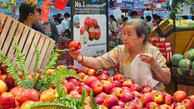 Khách hàng chọn mua táo nhập khẩu tại siêu thị Lotte Mart quận 7 (TP HCM)Ảnh: THANH NHÂN