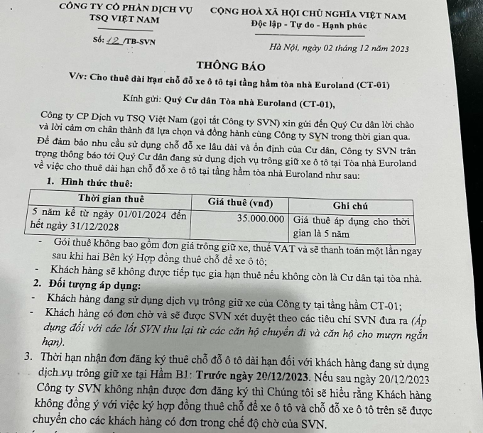 Hà Nội: Cư dân bất ngờ khi chủ đầu tư ra thông báo &quot;cho thuê&quot; hầm để xe mỗi năm 35 triệu, dù vẫn phải trả tiền hàng tháng - Ảnh 1.