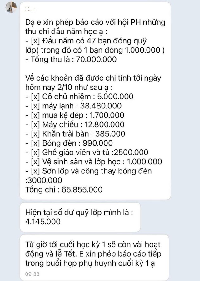 Thực hư một lớp ở TP.HCM thu quỹ 70 triệu đồng, sau 1 tháng chi hết gần 66 triệu đồng, Hiệu trưởng nói gì?- Ảnh 1.