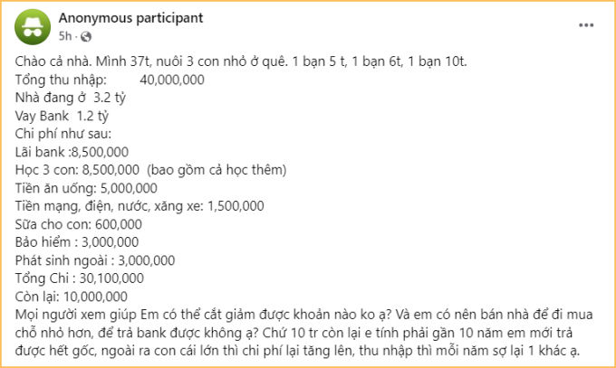 Nhà 5 người, mỗi tháng chỉ mất 5 triệu tiền ăn nhưng dành hơn 8 triệu trả nợ: Có nên bán nhà để khỏi áp lực?- Ảnh 1.