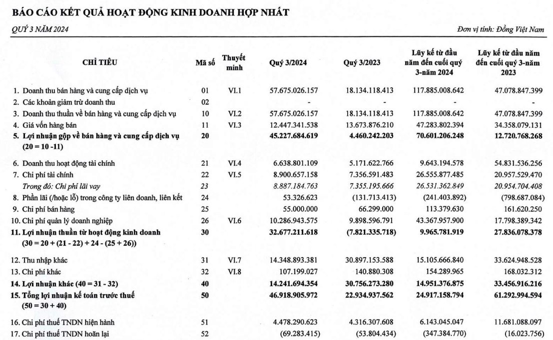 Công ty BĐS đầu tiên công bố báo cáo tài chính Q3/2024: Lãi sau thuế gấp 2,3 lần cùng kỳ, cổ phiếu đã tăng 110% so với đầu năm- Ảnh 1.