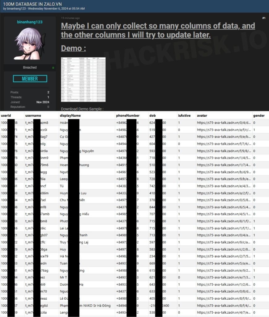 Hacker 'binanhang123' tuyên bố đã xâm phạm dữ liệu của 100 triệu người dùng Zalo- Ảnh 2.