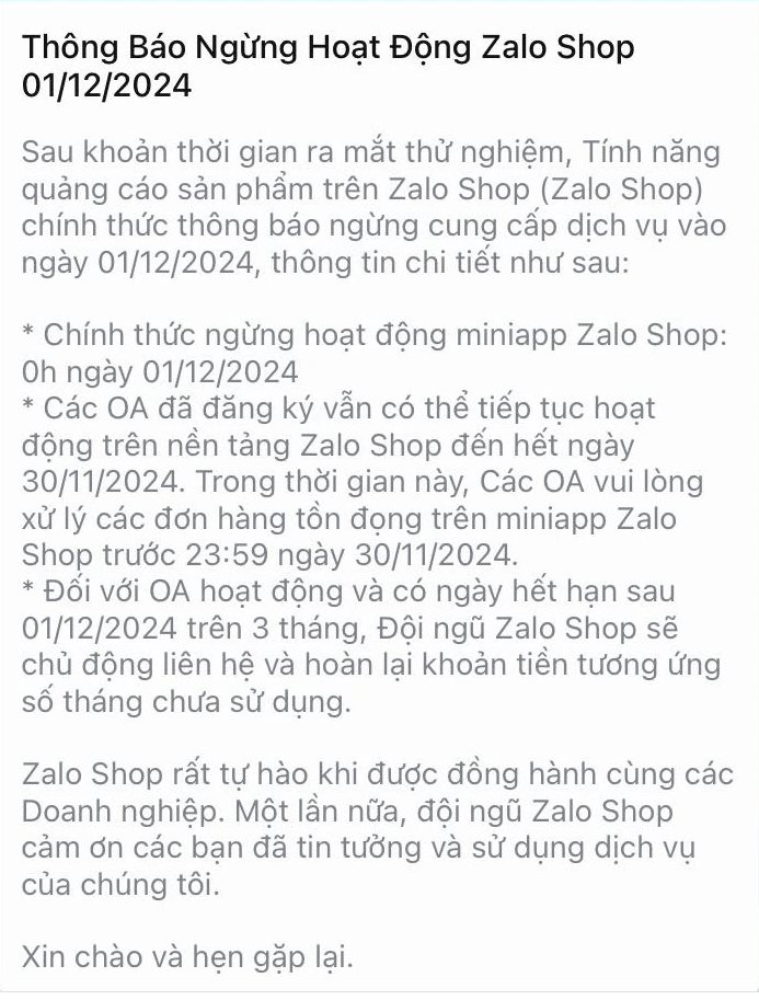 Sau 8 năm thử nghiệm, Zalo Shop thông báo ngừng cung cấp dịch vụ vào ngày 1/12- Ảnh 2.