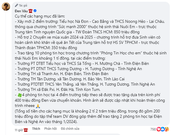 Đen Vâu công bố doanh thu đợt mới bài hát Nấu Ăn Cho Em, tổng số đạt gần 2 tỷ đồng, gần hoàn thành mục tiêu "10 phòng tin học cho em"- Ảnh 2.