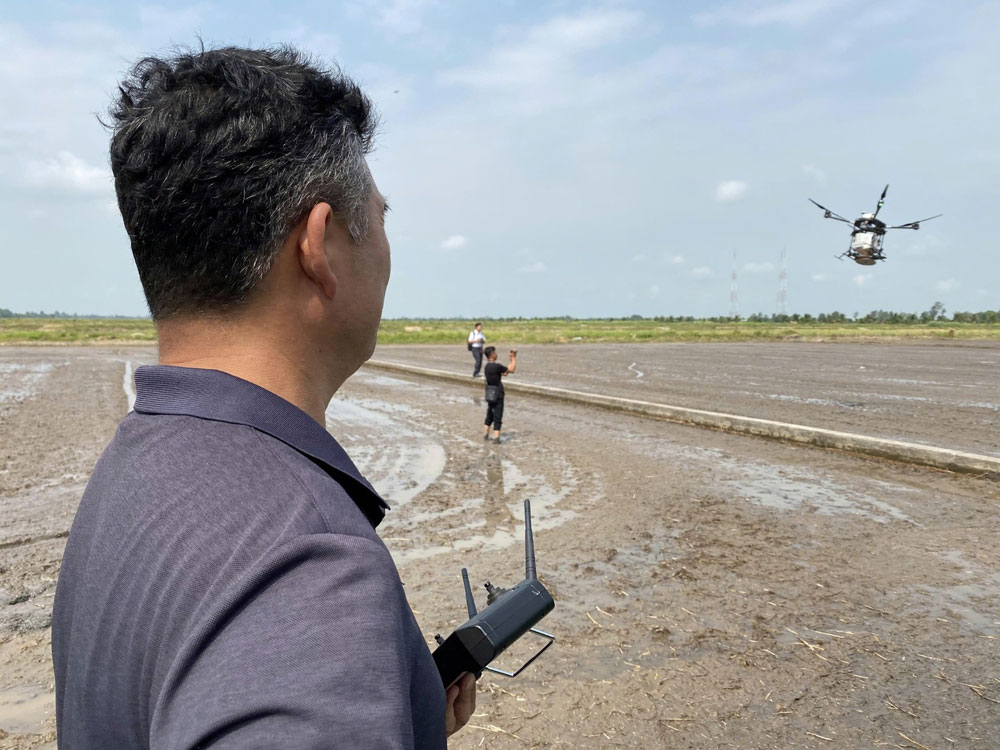 Nông dân Cần Thơ sử dụng drone để sạ lúa. Ảnh: LÊ HOÀNG VŨ