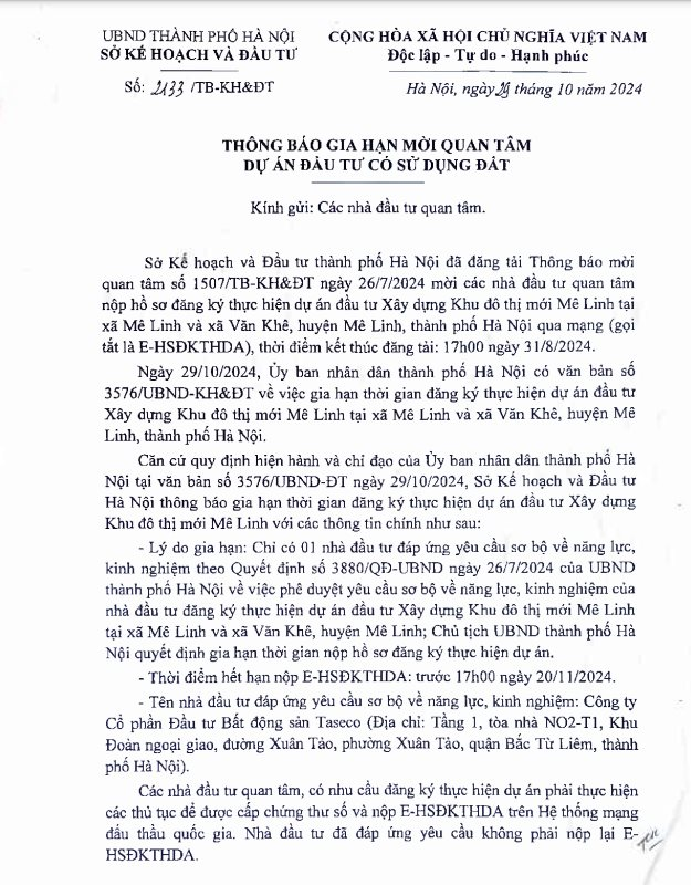 Duy nhất Taseco Land đáp ứng điều kiện làm dự án KĐT hơn 3.200 tỷ đồng ở Mê Linh, Hà Nội tiếp tục gia hạn tìm nhà đầu tư- Ảnh 1.