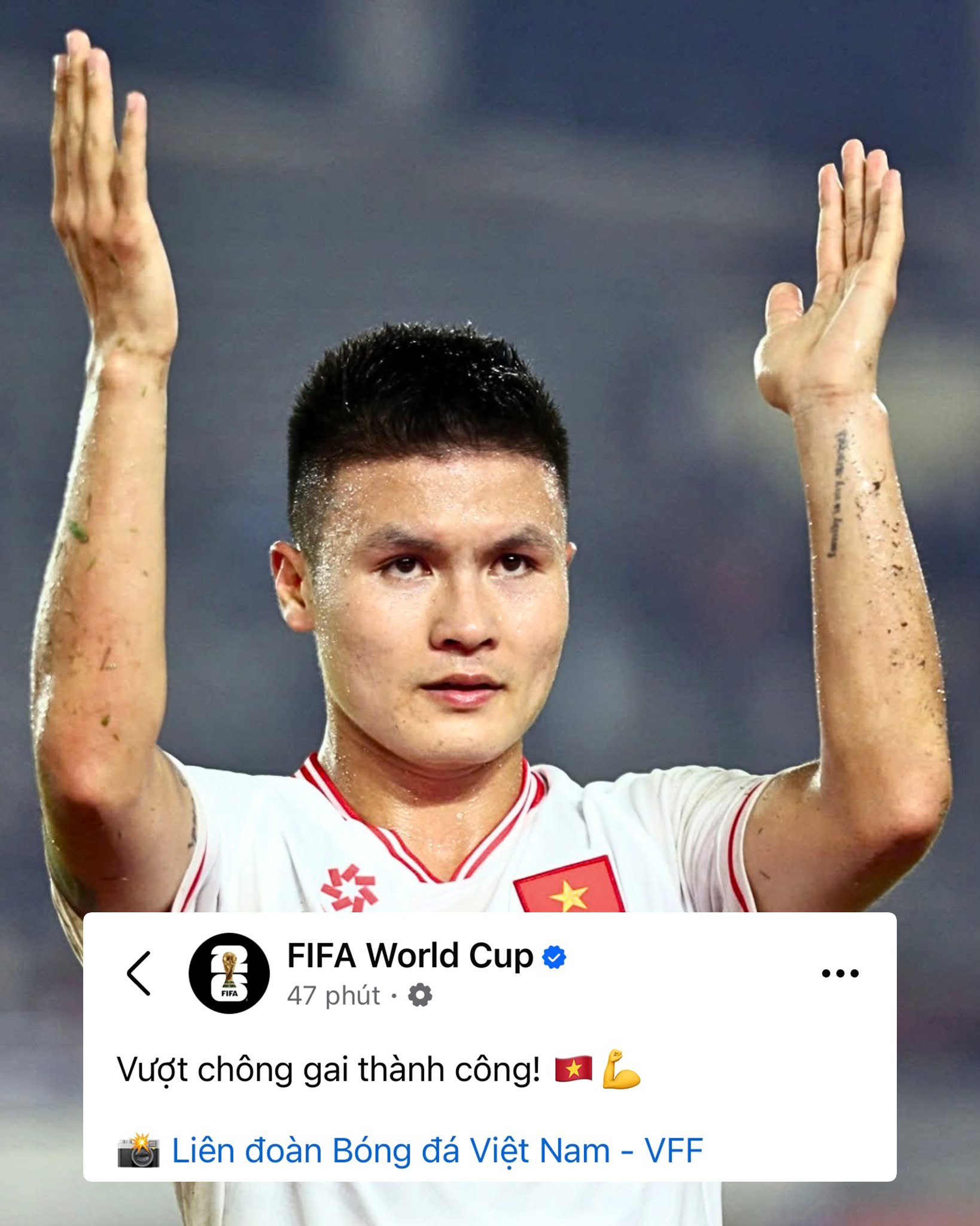 Trang fanpage hơn 61 triệu lượt theo dõi của FIFA đăng hình Quang Hải, chúc mừng tuyển Việt Nam “vượt chông gai thành công”- Ảnh 1.